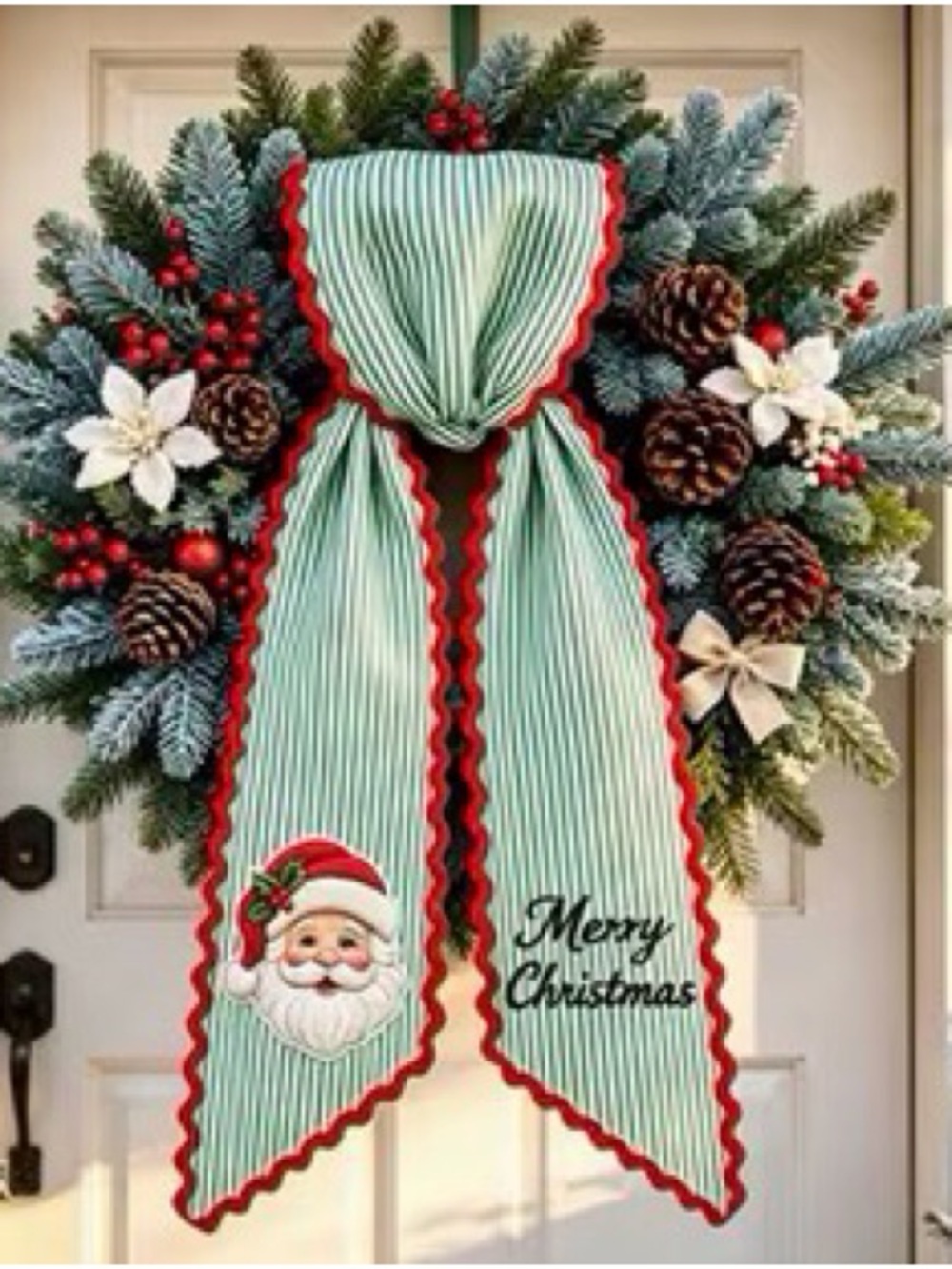 Holiday/Christmas Wreath Sash Santa “Merry Christmas” Green/White Stripe NEW